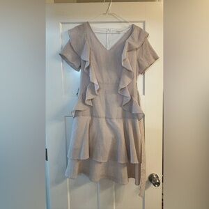 JessaKae White Casual Dress with Short Sleeves and Ruffled Square Neckline